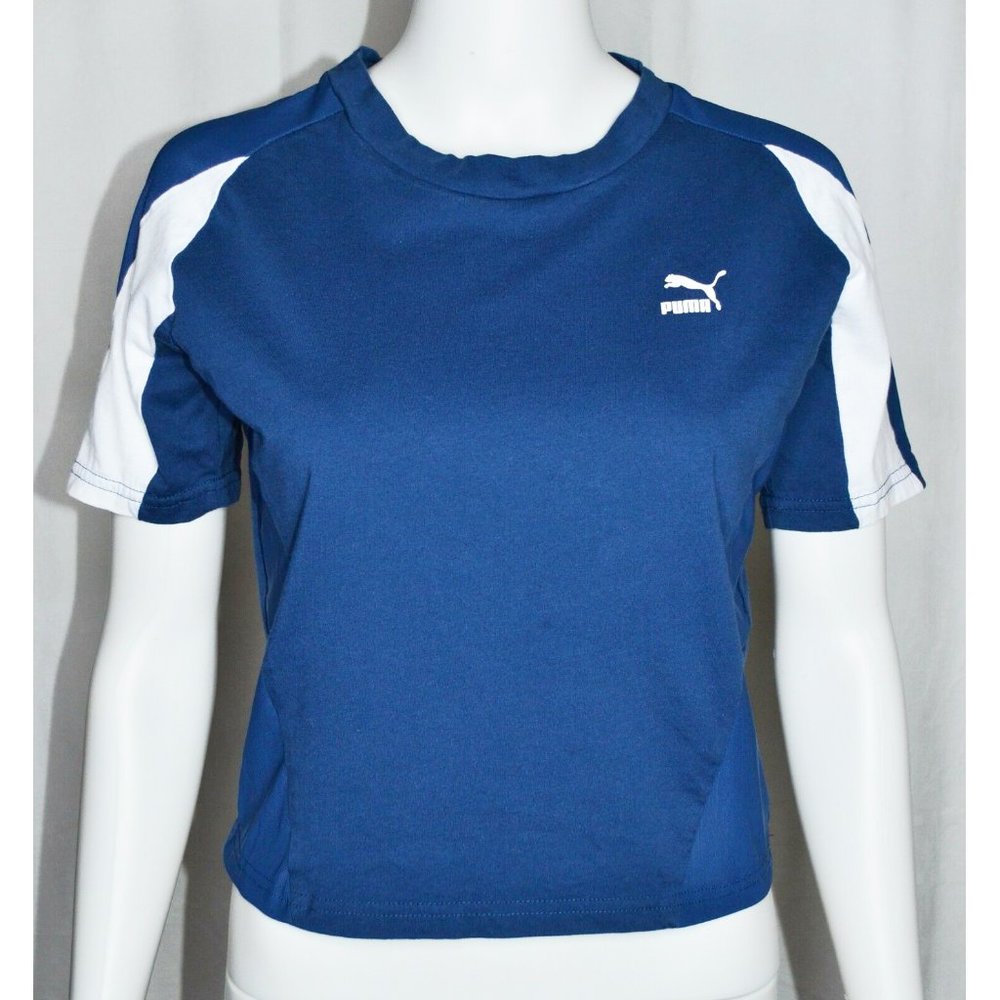 Puma Train Mesh Panel Cropped  T-Shirt Blue White Size XS